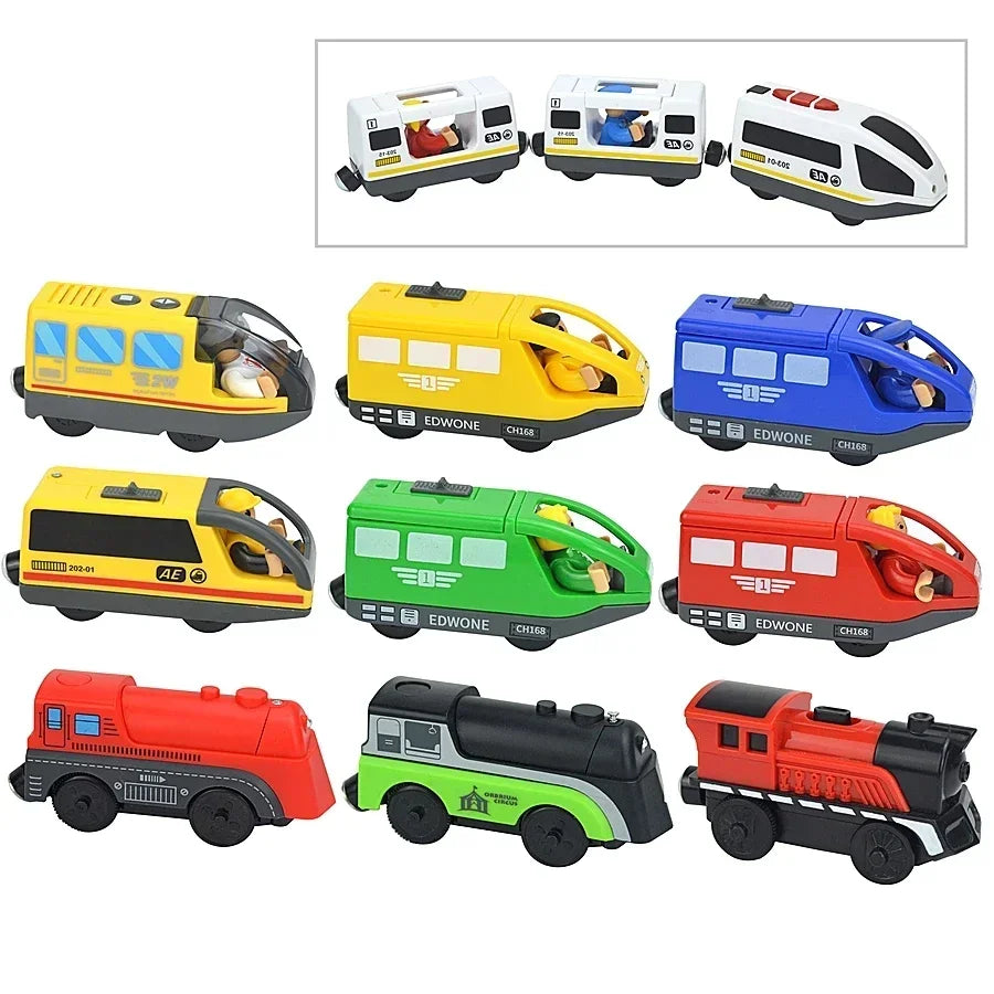 03) Wooden Train Toys Magnetic Set Electric Car Locomotive Diecast Slot Fit All Wood Brand Biro Railway Train Tracks For Kids Gifts