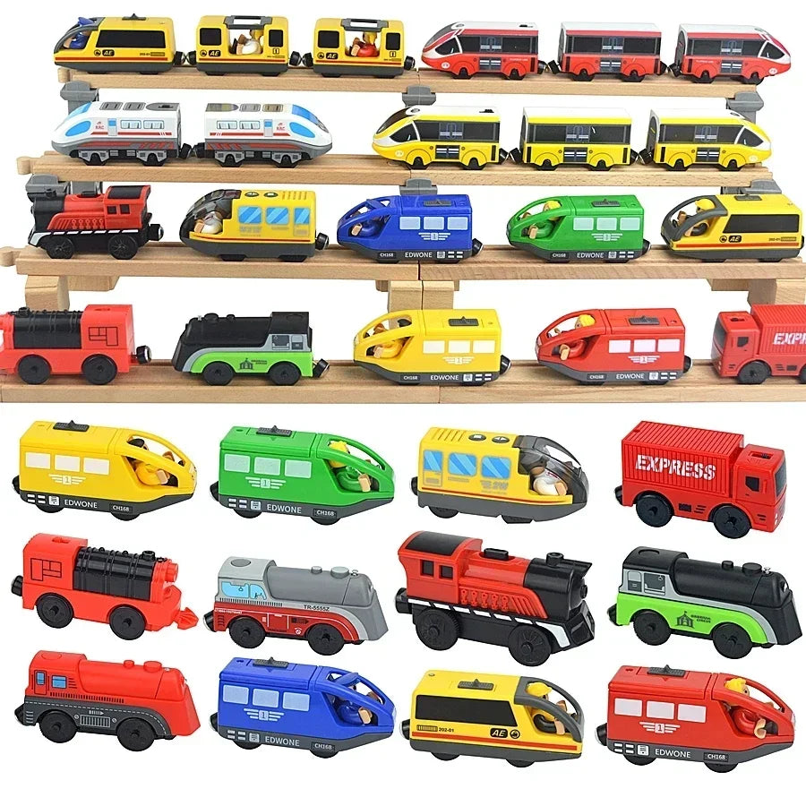 03) Wooden Train Toys Magnetic Set Electric Car Locomotive Diecast Slot Fit All Wood Brand Biro Railway Train Tracks For Kids Gifts