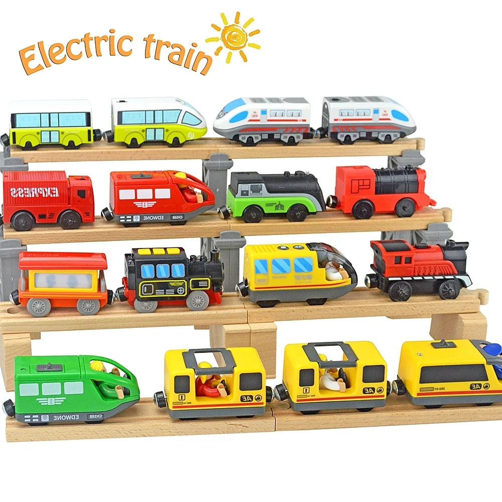 03) Wooden Train Toys Magnetic Set Electric Car Locomotive Diecast Slot Fit All Wood Brand Biro Railway Train Tracks For Kids Gifts