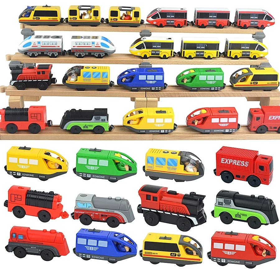 03) Wooden Train Toys Magnetic Set Electric Car Locomotive Diecast Slot Fit All Wood Brand Biro Railway Train Tracks For Kids Gifts