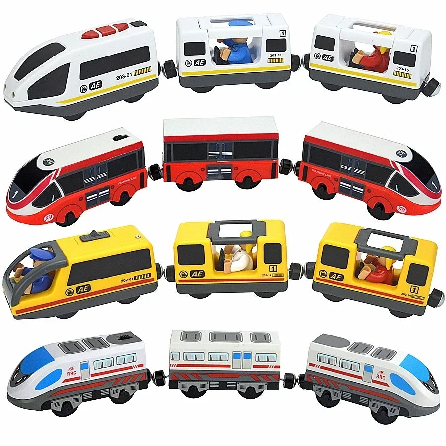 03) Wooden Train Toys Magnetic Set Electric Car Locomotive Diecast Slot Fit All Wood Brand Biro Railway Train Tracks For Kids Gifts