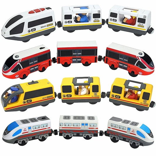 03) Wooden Train Toys Magnetic Set Electric Car Locomotive Diecast Slot Fit All Wood Brand Biro Railway Train Tracks For Kids Gifts