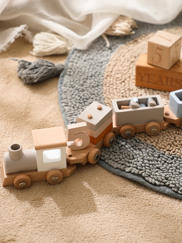 03) Wooden Train Birthday Toy Simulated Train Toy Model  Non-remote Control Rail Car Removable Wooden Train Exquisite Gift With BOX